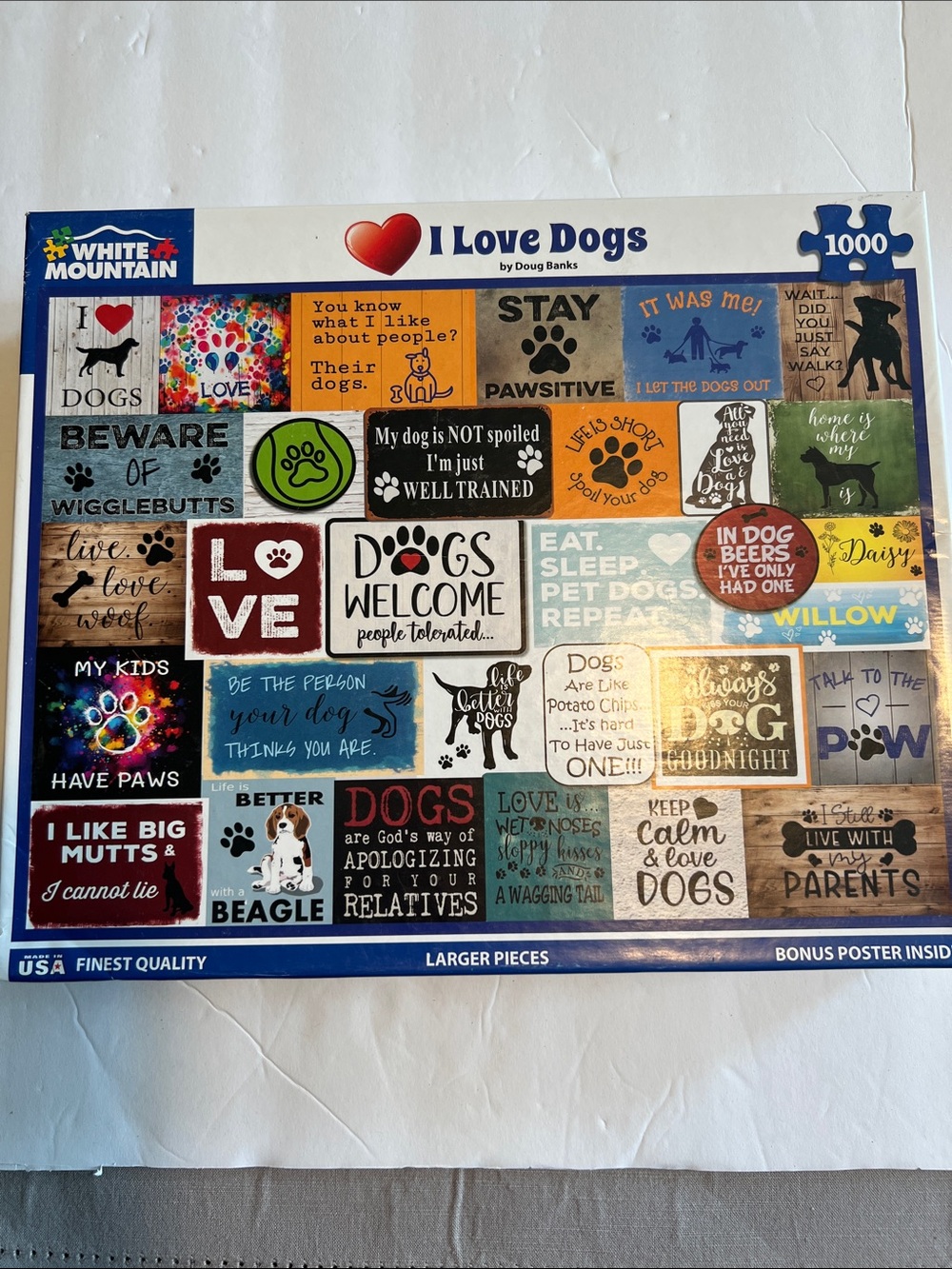 White Mountain “I Love Dogs” Excellent used cond. Corner of lid is torn as shown